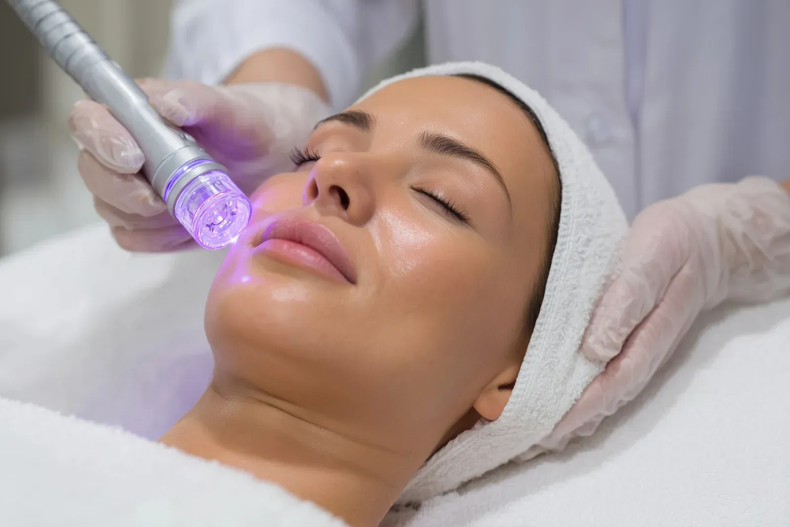Woman receiving facial treatment with a handheld device emitting purple light, in a spa setting.