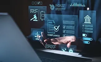 Server room with glowing orange circuits and a person working on a tablet.