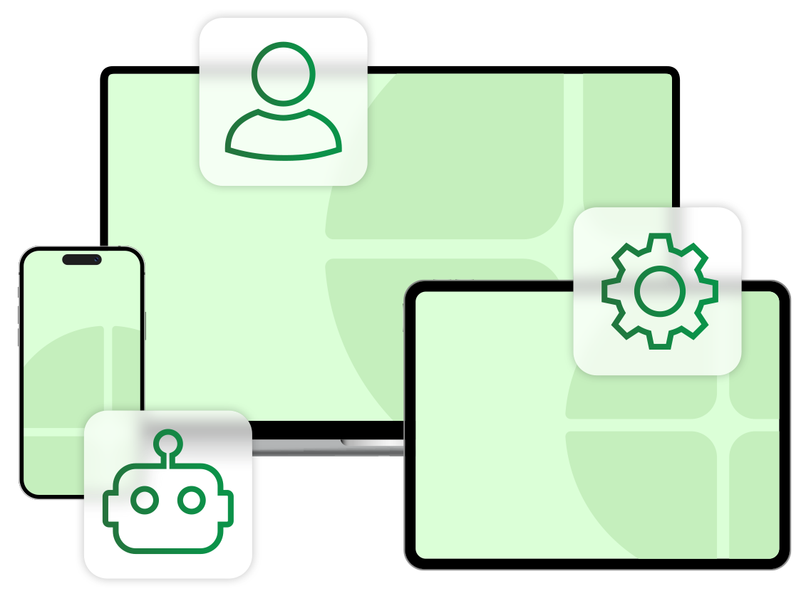 Multiple devices (phone, laptop, tablet) with green outline icons: user, settings, and bot.