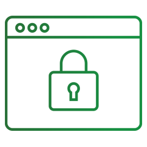 Green outline of a locked padlock on a browser window, representing online security.