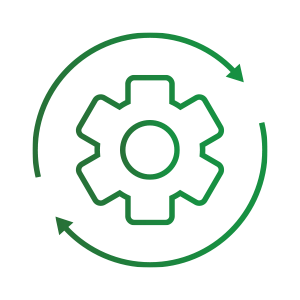 Green gear within a circular arrow, symbolizing processes or updates.