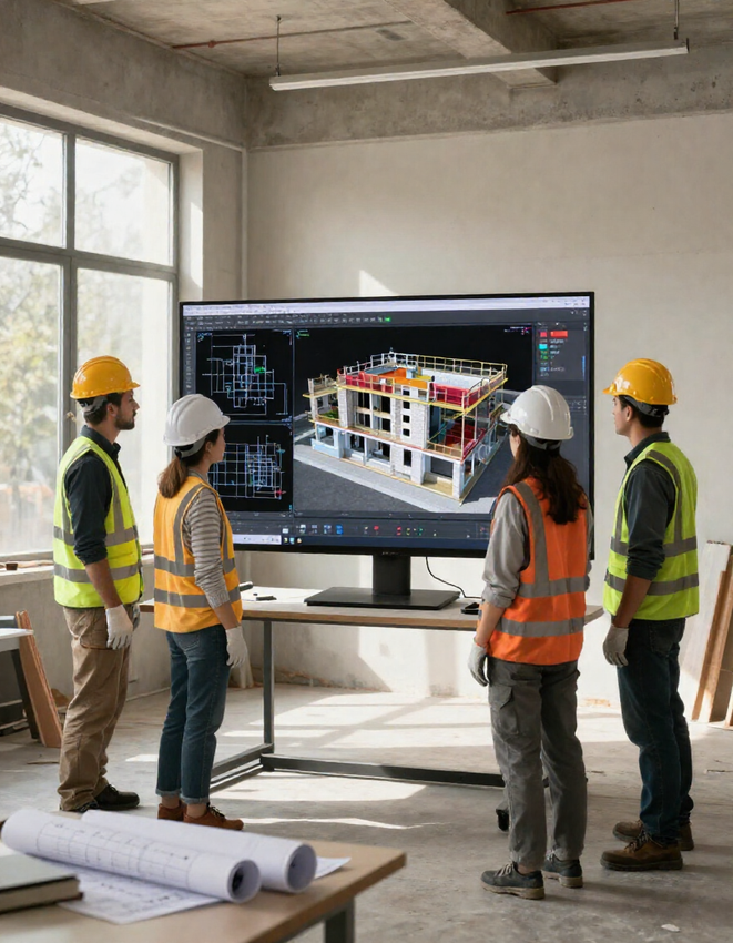 En una obra de construcción, ingenieros con cascos de seguridad revisan una maqueta de un edificio en un monitor grande.