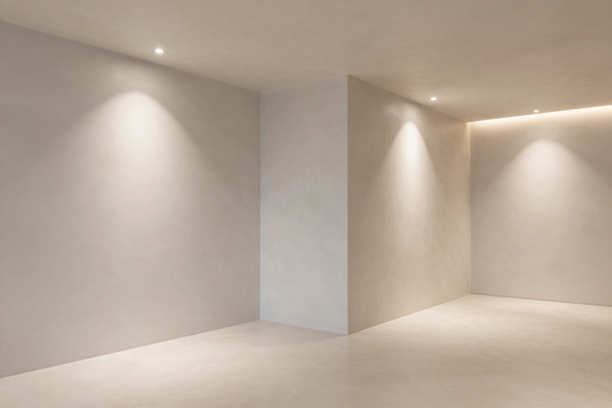 Habitación blanca minimalista vacía con focos empotrados e iluminación tenue en las paredes.