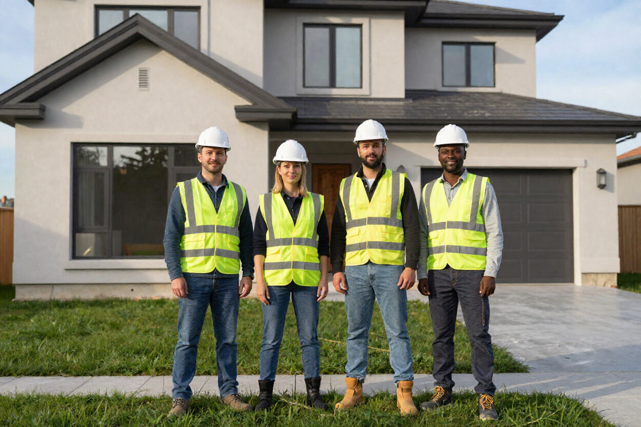 Cuatro trabajadores de la construcción con cascos y chalecos de seguridad de pie frente a una casa nueva.