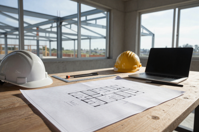 Planos de construcción sobre una mesa 
