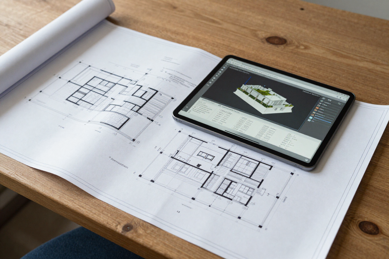 Planos arquitectónicos sobre un escritorio con una tableta que muestra un modelo 3D de la casa.