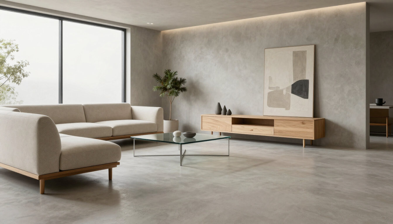 Sala de estar minimalista con sofá seccional beige, mesa de centro de cristal, consola de madera y ventana grande.