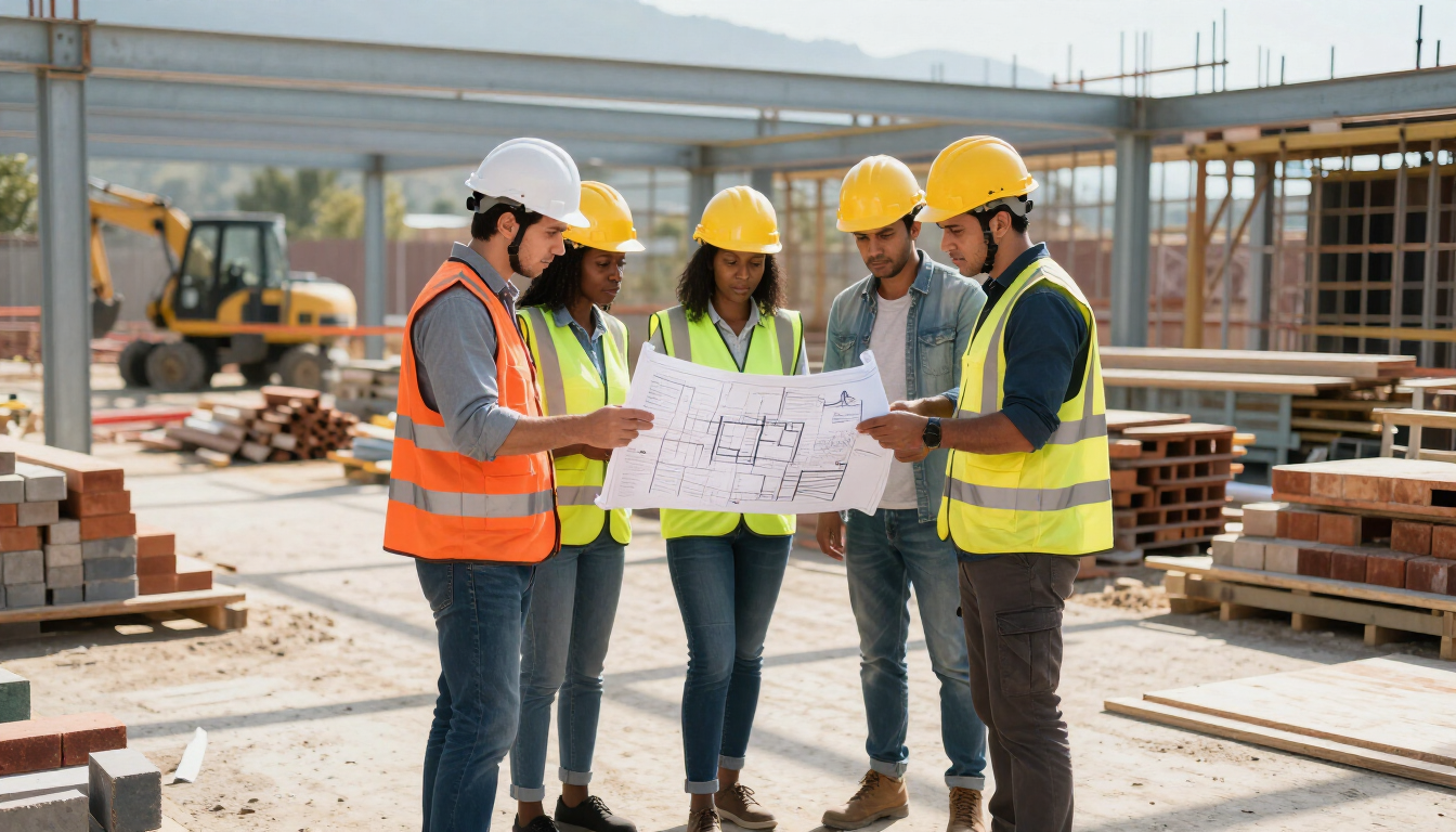 Un equipo de construcción con cascos revisa los planos en una obra en construcción sin terminar.