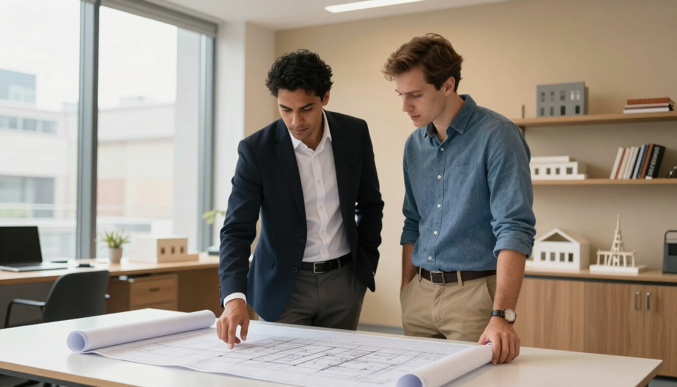 Dos colegas revisan grandes planos arquitectónicos sobre una mesa en una oficina luminosa.
