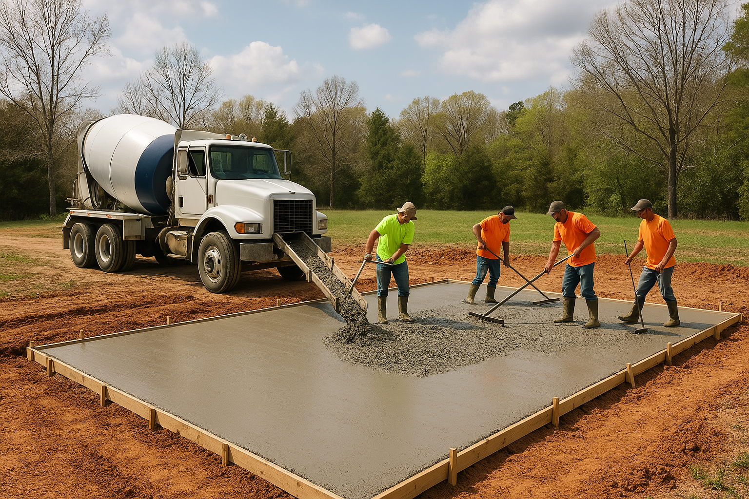 A group of construction workers are pouring concrete into a foundation.
