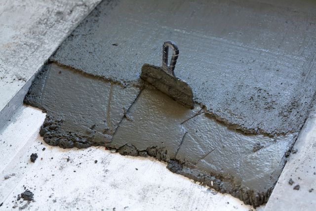 A person is spreading concrete on a floor with a trowel.