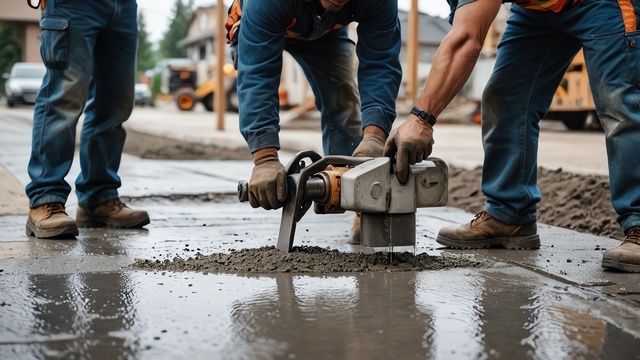 A group of construction workers are working on a sidewalk.