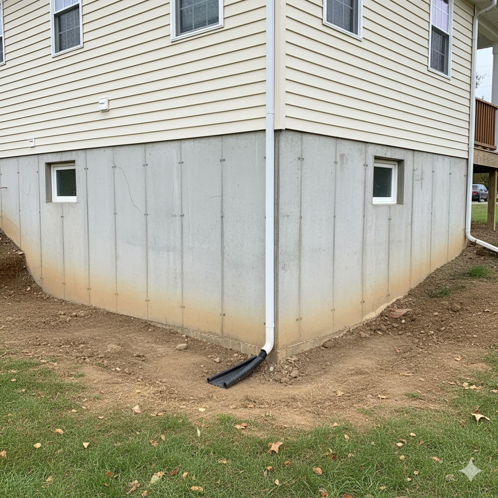 Corner of a house with concrete foundation, small windows, and tan siding. Downspout drains to a ditch.
