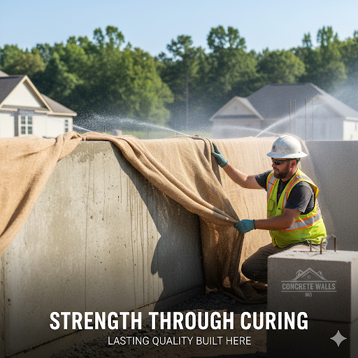 Construction worker curing concrete wall with water; houses in background.