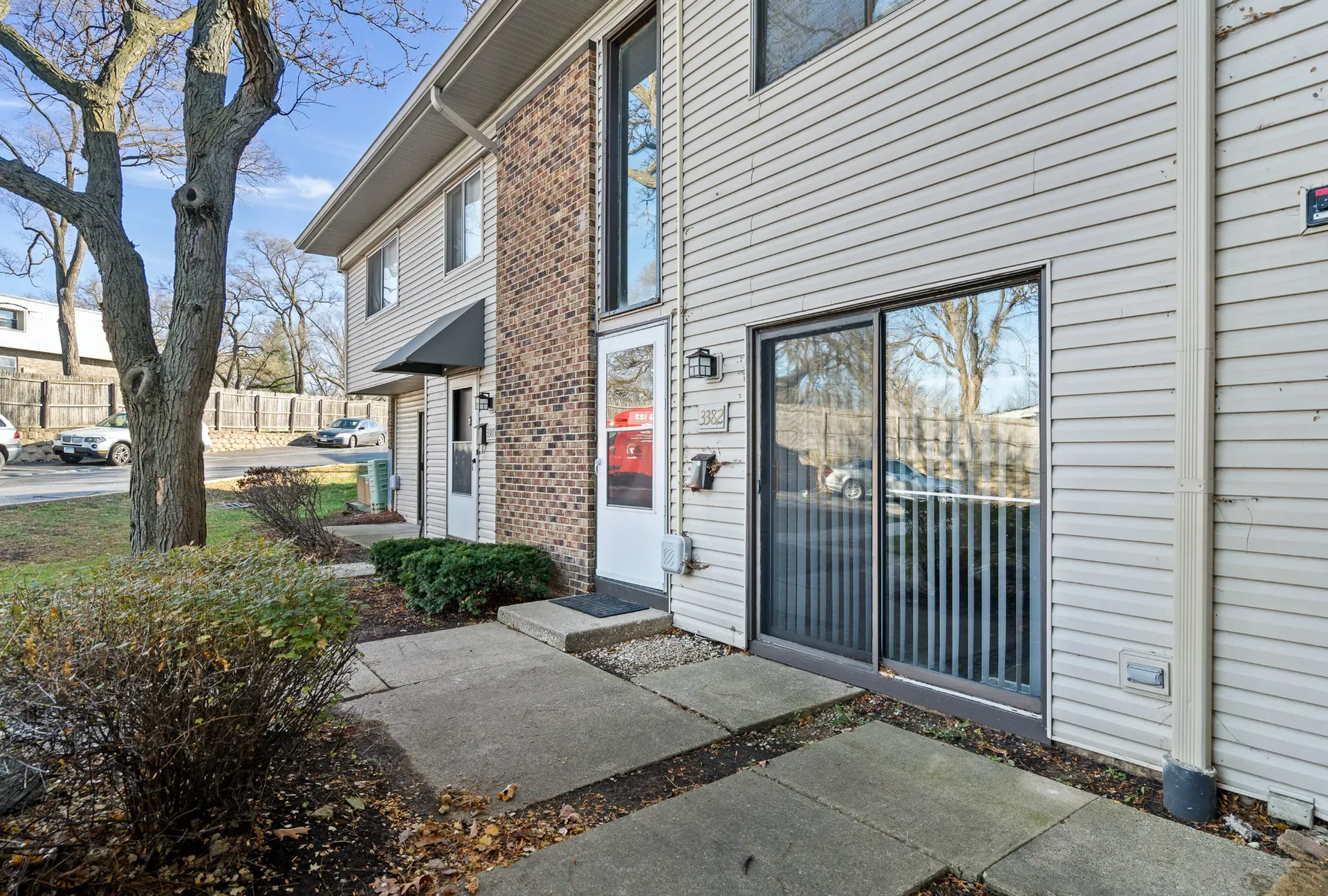 Exterior view of an apartment entryway.