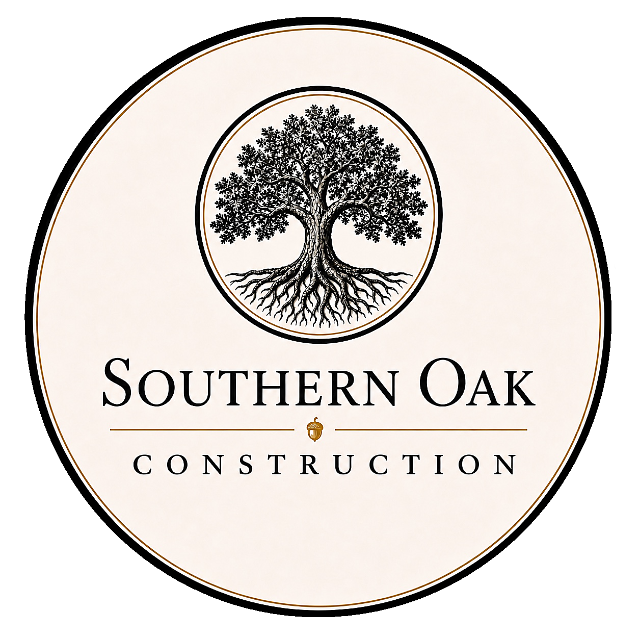 Southern Oak Renovations logo: a black and white, circular design featuring an oak tree at the center, surrounded by text.
