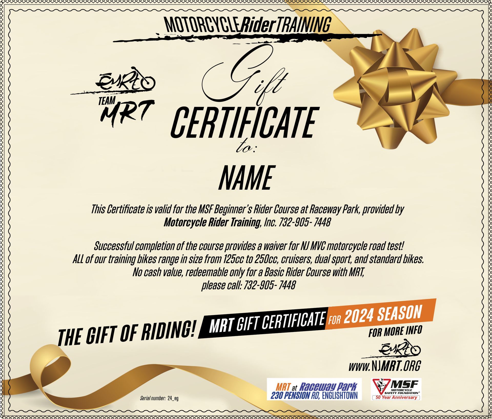 Sample Gift Certificate — Englishtown, NJ — Motorcycle Rider Training Sample Gift Certificate — Englishtown, NJ — Motorcycle Rider Training