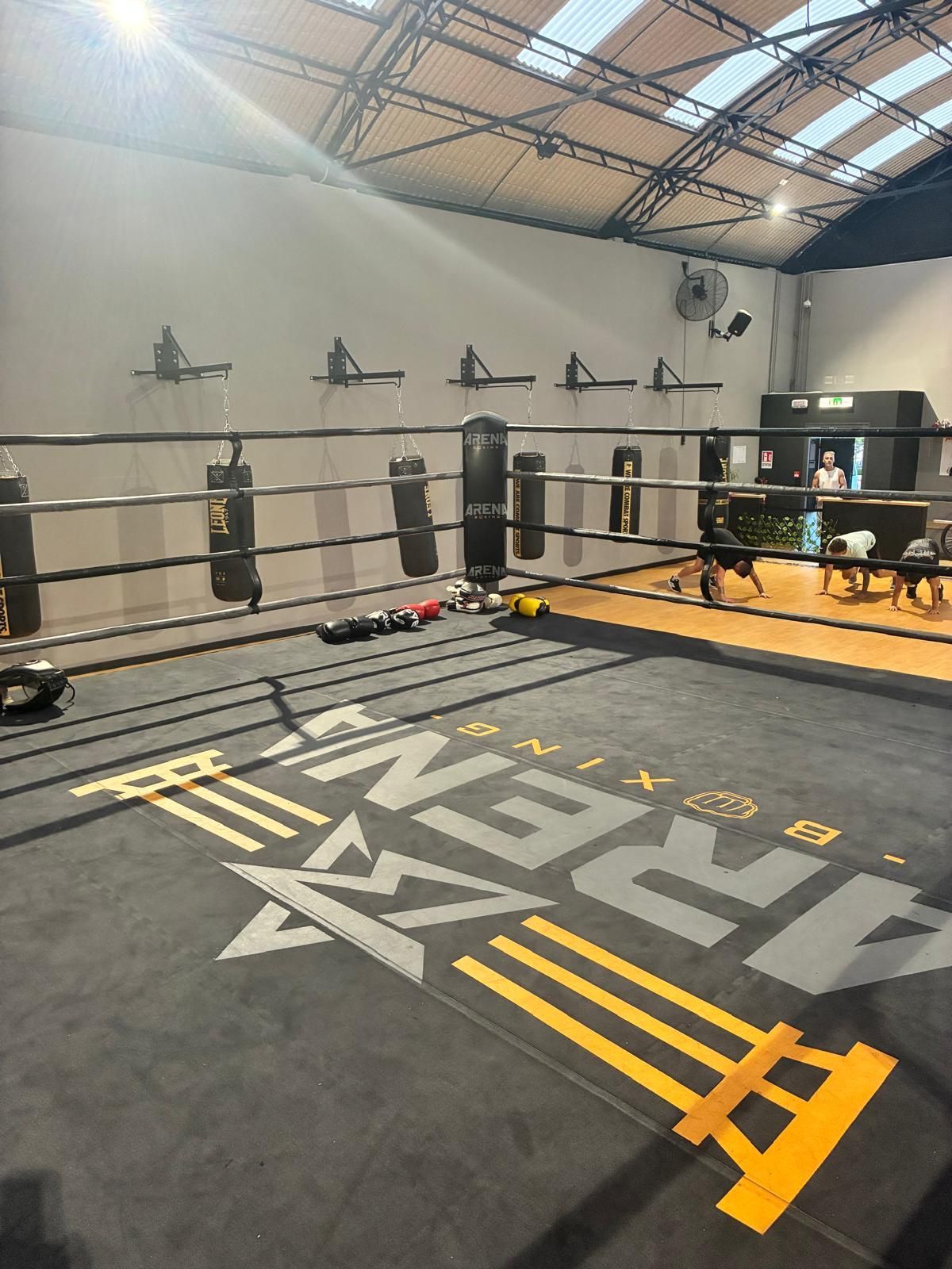 Ring da boxe vuoto con tappeto nero e logo giallo-bianco in una palestra, visto dall'interno del ring.