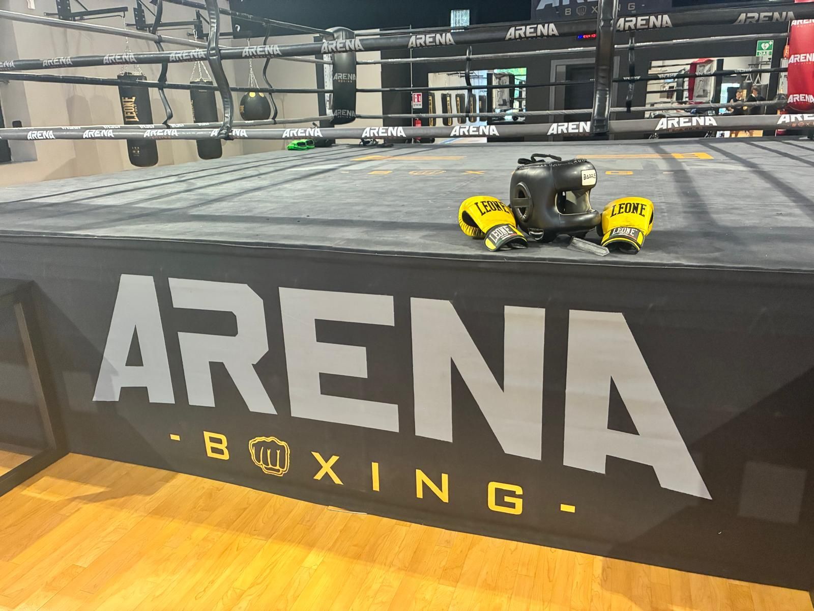 Angolo del ring di boxe ARENA con un piccolo robot giallo e nero sul tappeto.