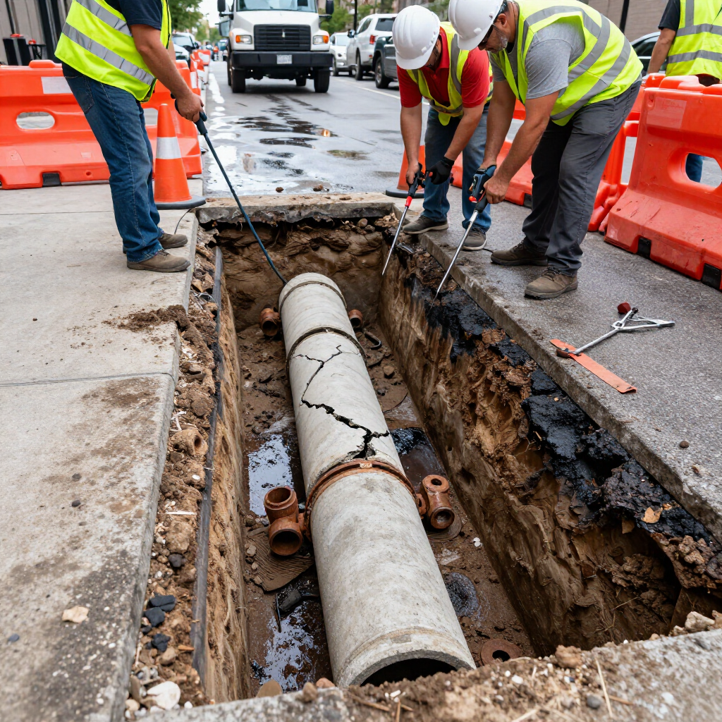 Three construction workers in safety vests and hard hats work on a damaged concrete pipe in a trench on a city street.
