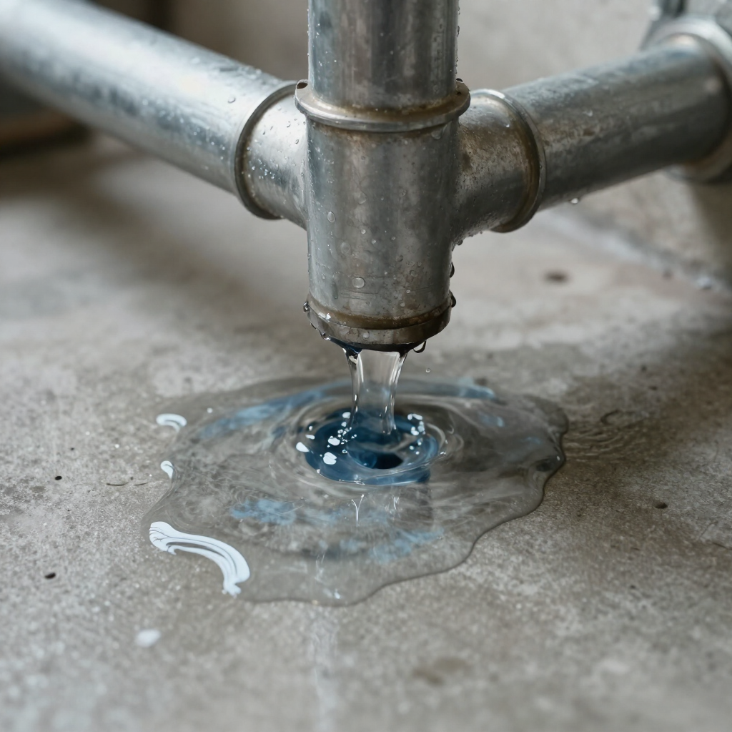 Water leaks from a metal pipe fitting onto a concrete floor, creating a puddle.