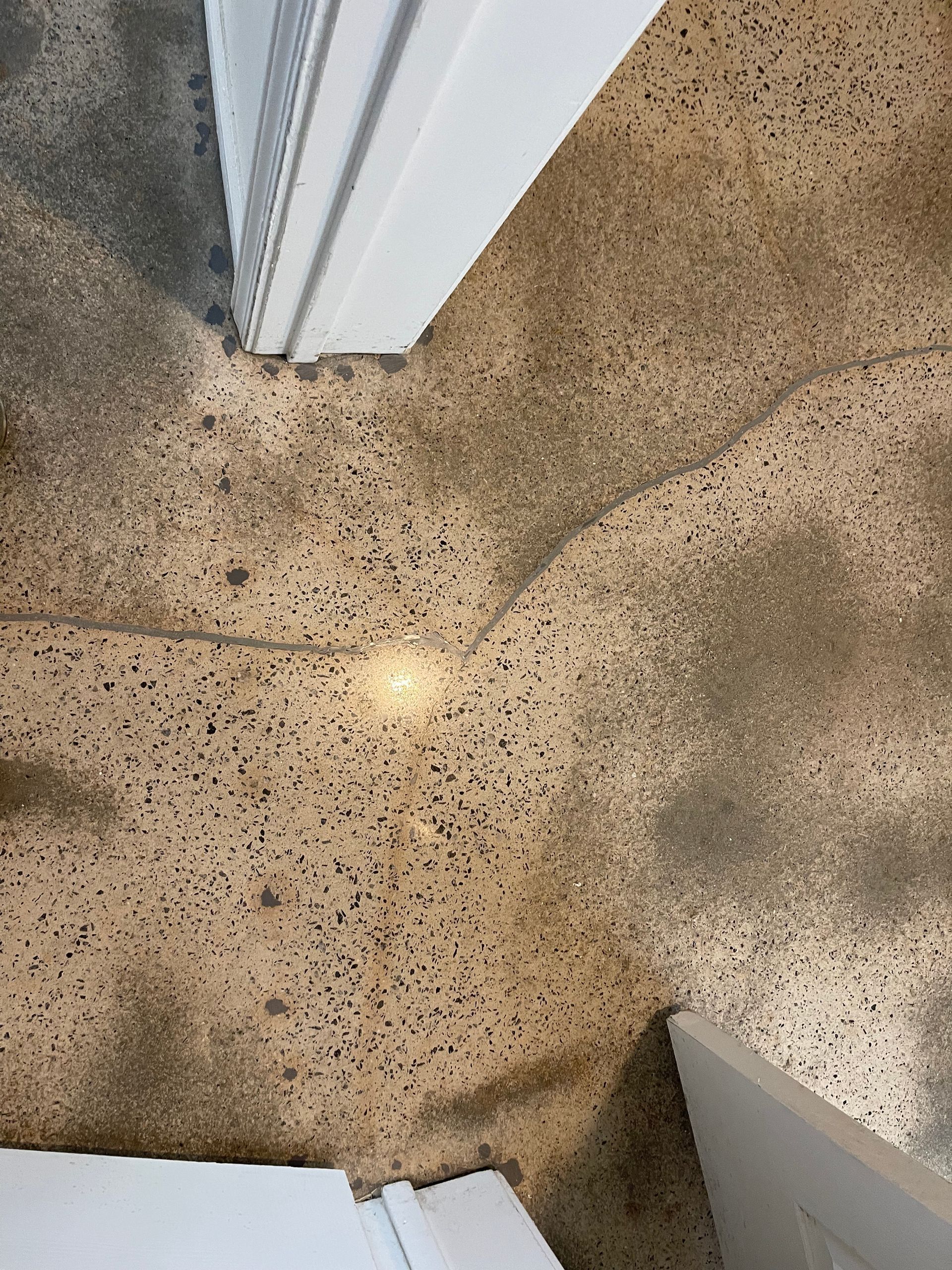 A high-angle view of a speckled, light-brown terrazzo floor transitioning between white door frames.