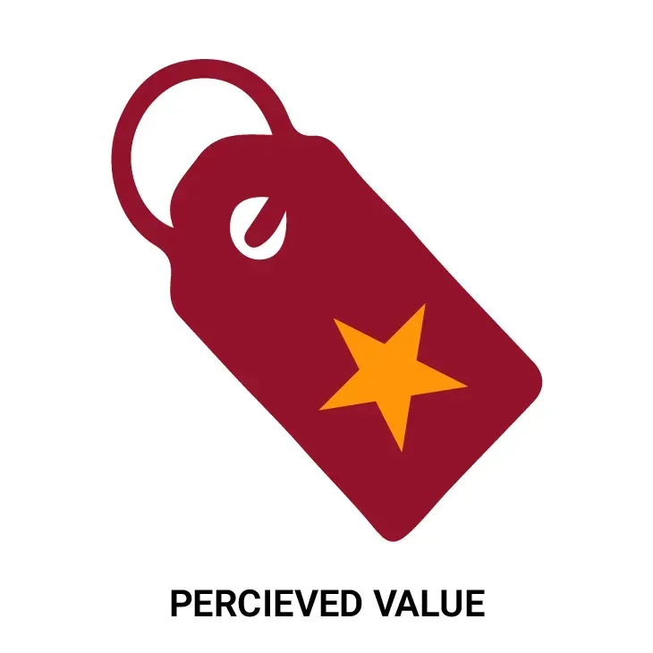 Burgundy price tag with loop and gold star; 
