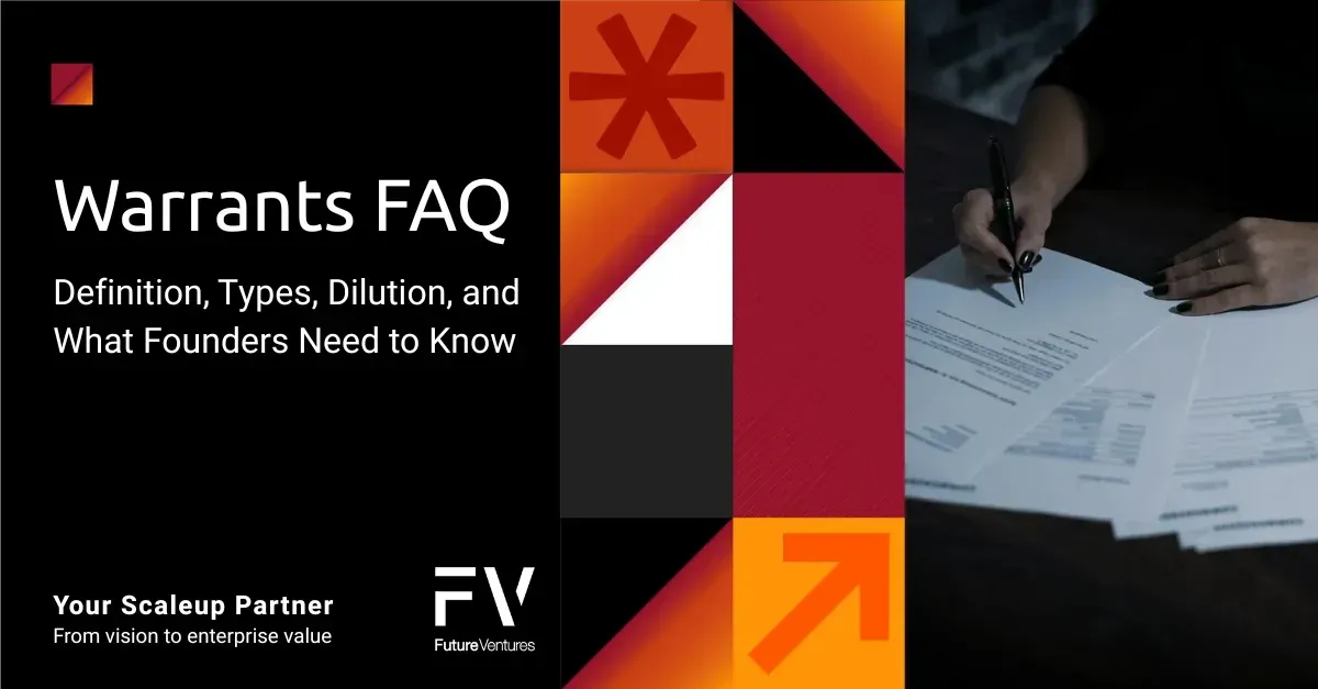 Banner for a Warrants FAQ  article, with geometric orange and black design beside a hand signing documents.