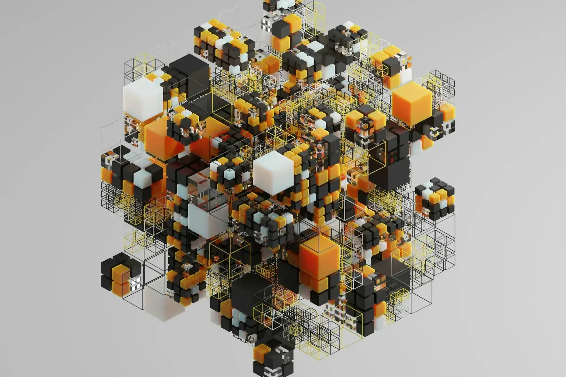 Abstract 3D structure: Cubes of black, orange, and white clustered within a wireframe cube, set against a gray backdrop.