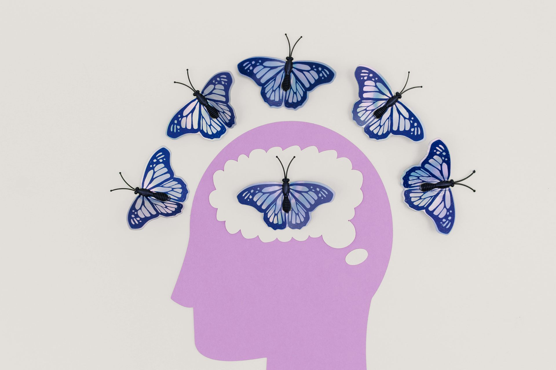 A silhouette of a person's head with butterflies flying around it.
