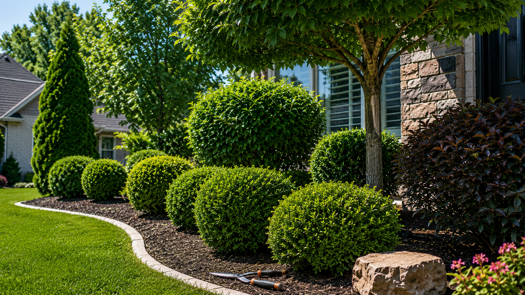 Pruned shrubs and ornamental trees in a landscaped front yard in Janesville WI