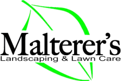 The malterer 's landscaping and lawn care logo has a green leaf on it.