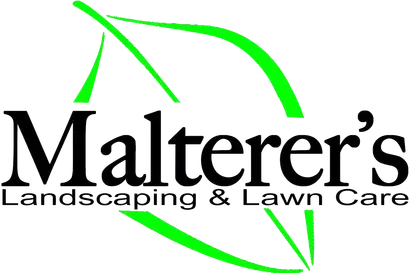 The malterer 's landscaping and lawn care logo has a green leaf on it.