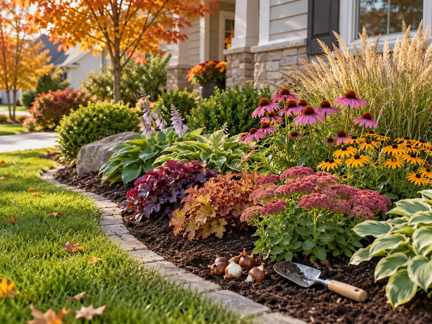 Fall perennial planting bed with colorful flowers and fresh mulch in Janesville WI