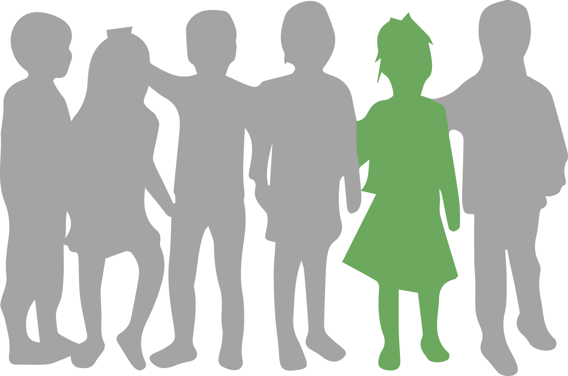 Een groep kinderen staat naast elkaar en een van hen is een meisje in een groene jurk.