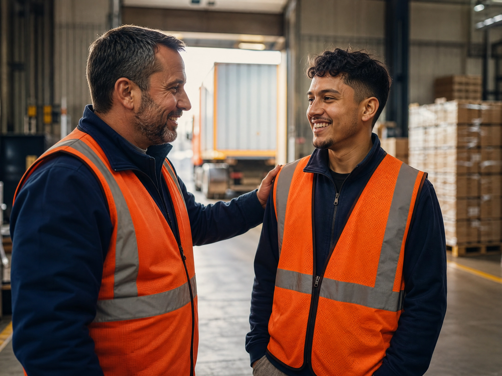 Two professionals in hard hats discuss inventory while standing in a warehouse aisle with shelves of goods.