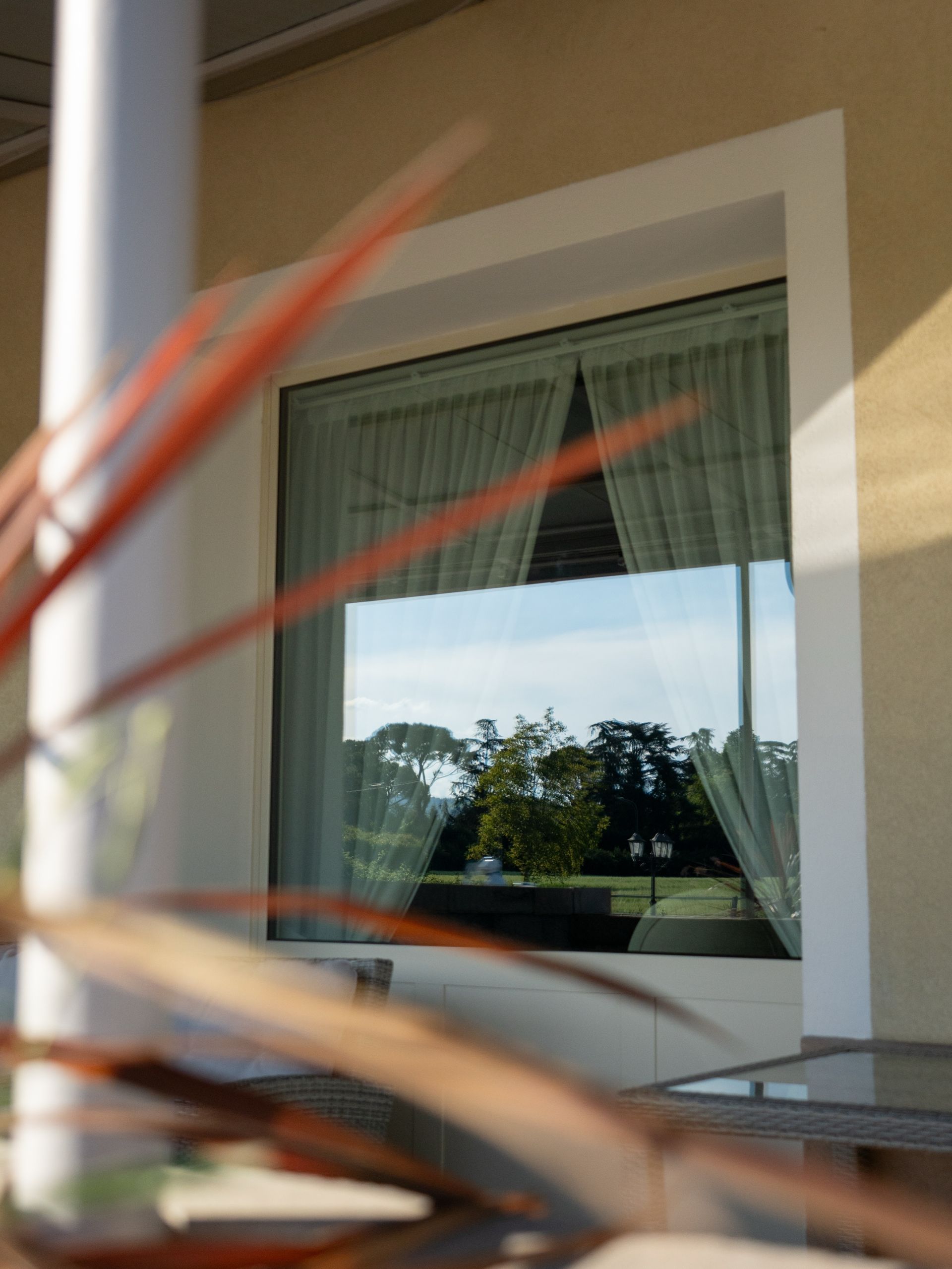 Vista dal balcone attraverso una finestra con tende, con riflessi di alberi e cielo, foglie di piante sfocate in primo piano.