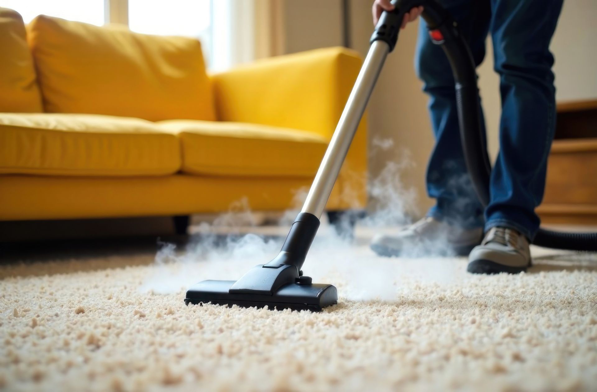A man is using a vacuum cleaner to clean a carpet in a living room.