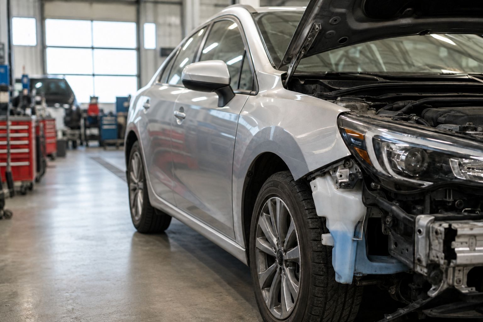 Illustrative collision repair vehicle in a workshop