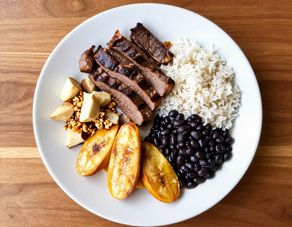 Brazilian and Cuban plate with grilled steak, rice, beans and plantains from a Cornelius NC food truck