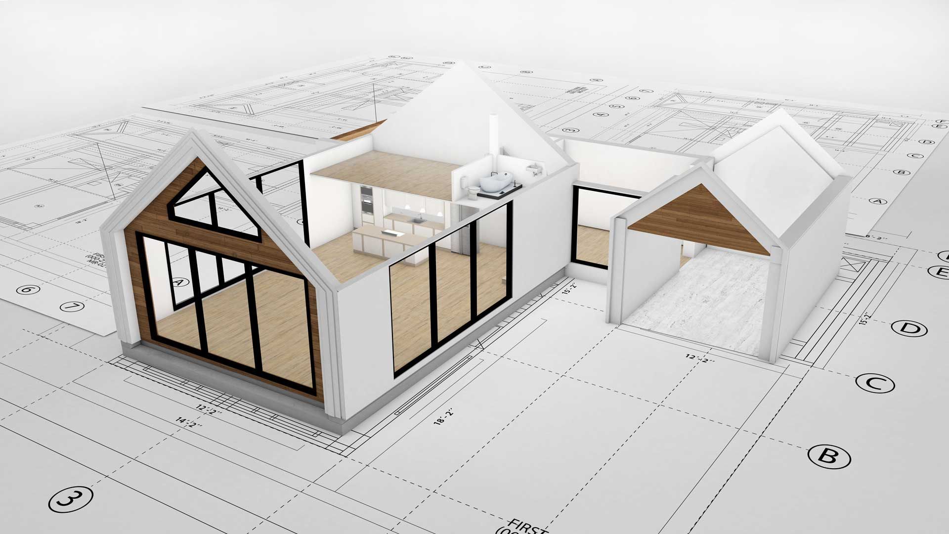 Architectural model of a modern house on a blueprint, showing open interior spaces and a garage.
