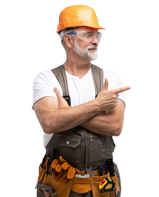 Construction worker in orange hard hat, safety glasses, pointing to the right. Construction worker in orange hard hat, safety glasses, pointing to the right.