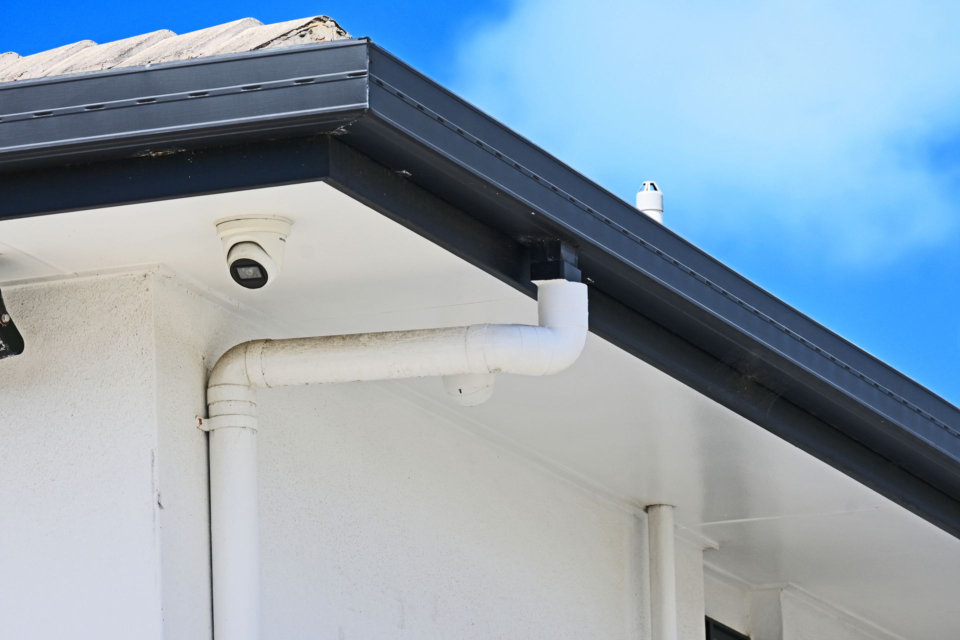 A white house with a black gutter and a bird on the roof.