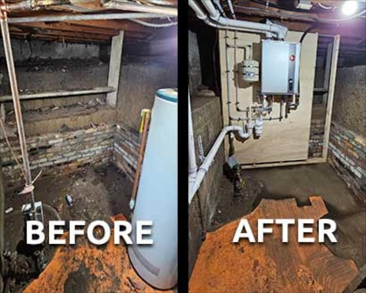 Basement utility room before and after: old area on left, installed boiler and piping on right.