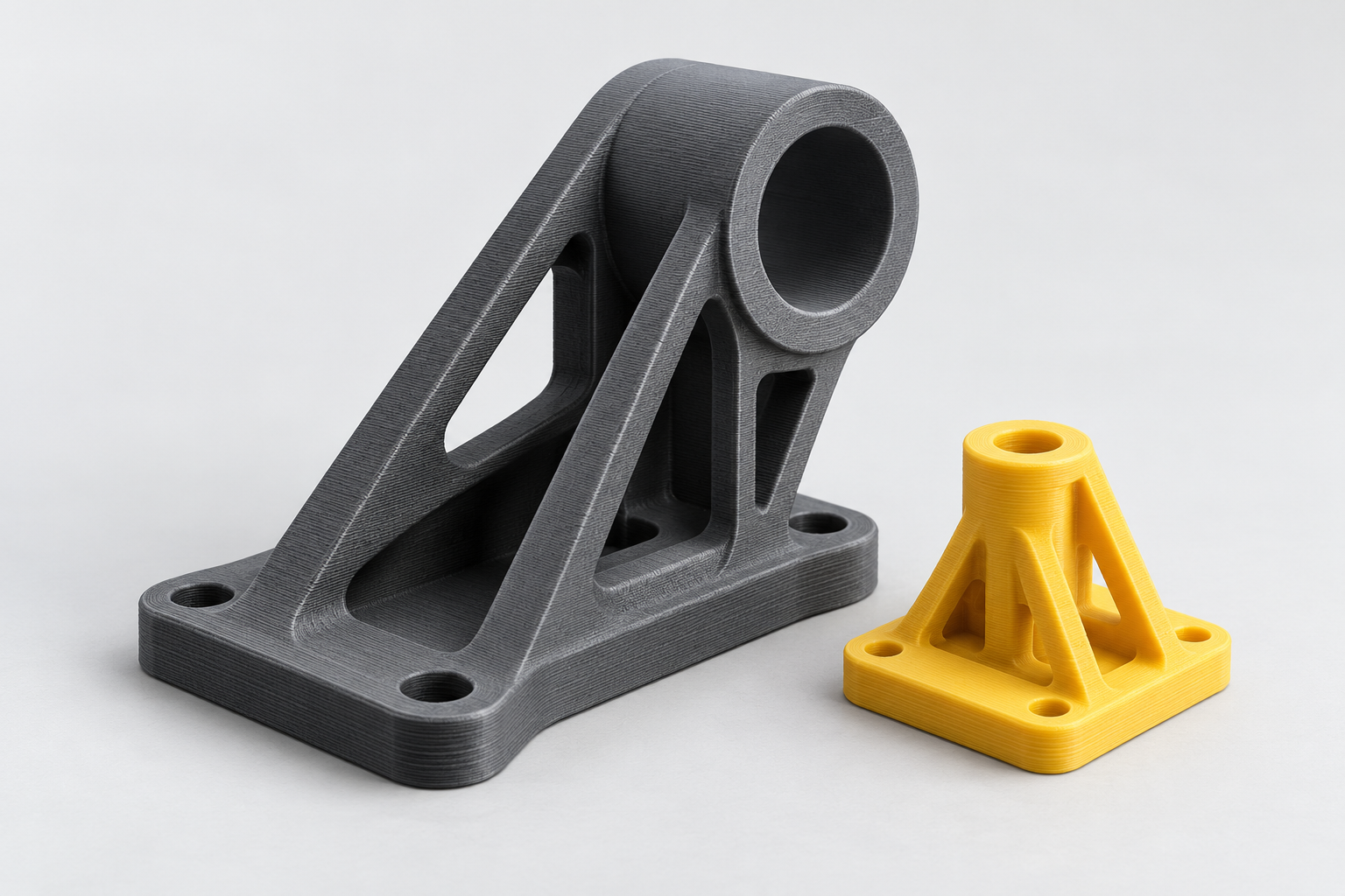 Ilustração de duas peças de impressão 3D em grafite e amarelo