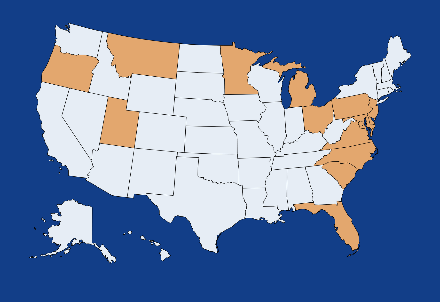 Map of the United States with 10 states highlighted in tan.