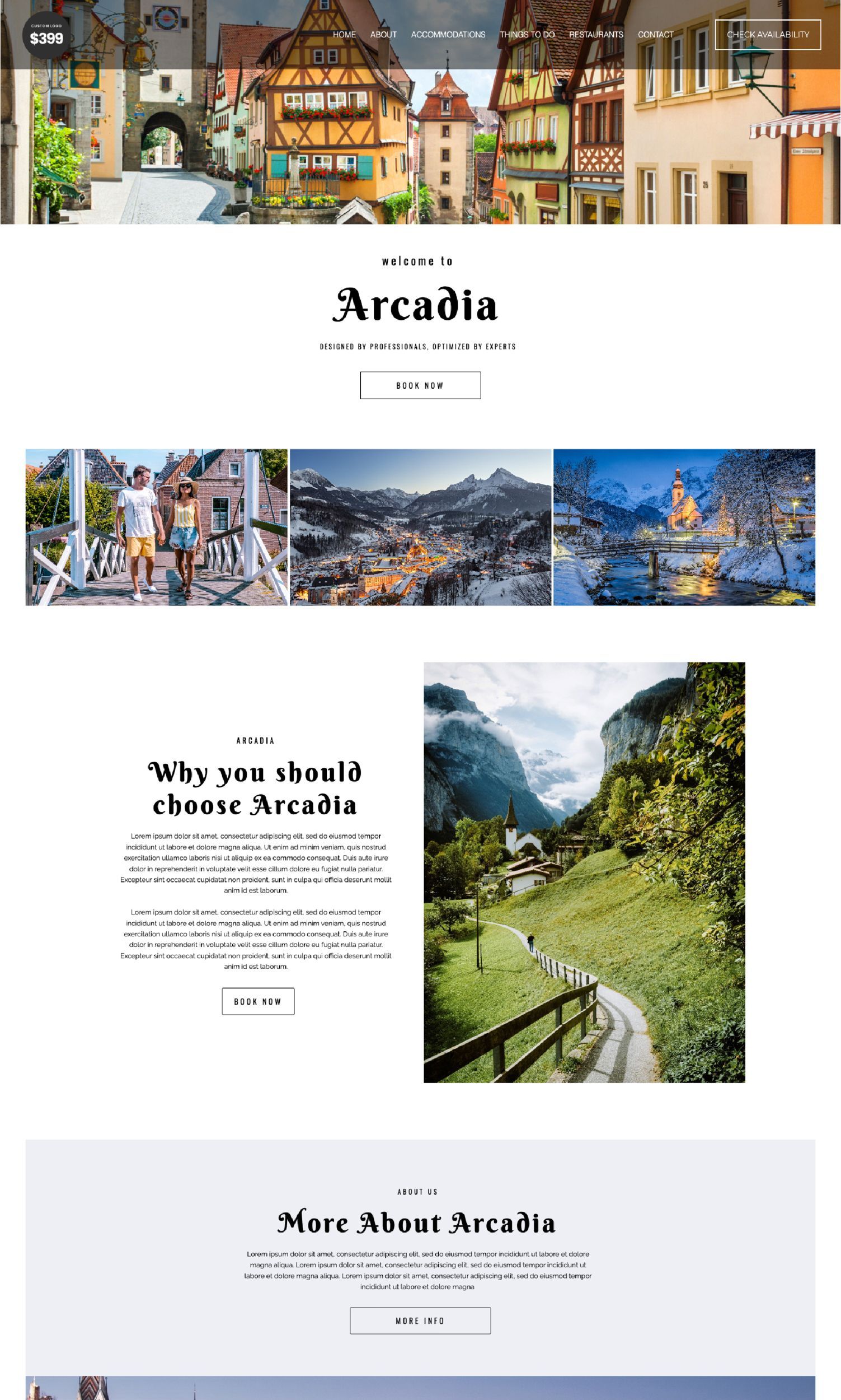 A website with a collage of pictures of a city and mountains.