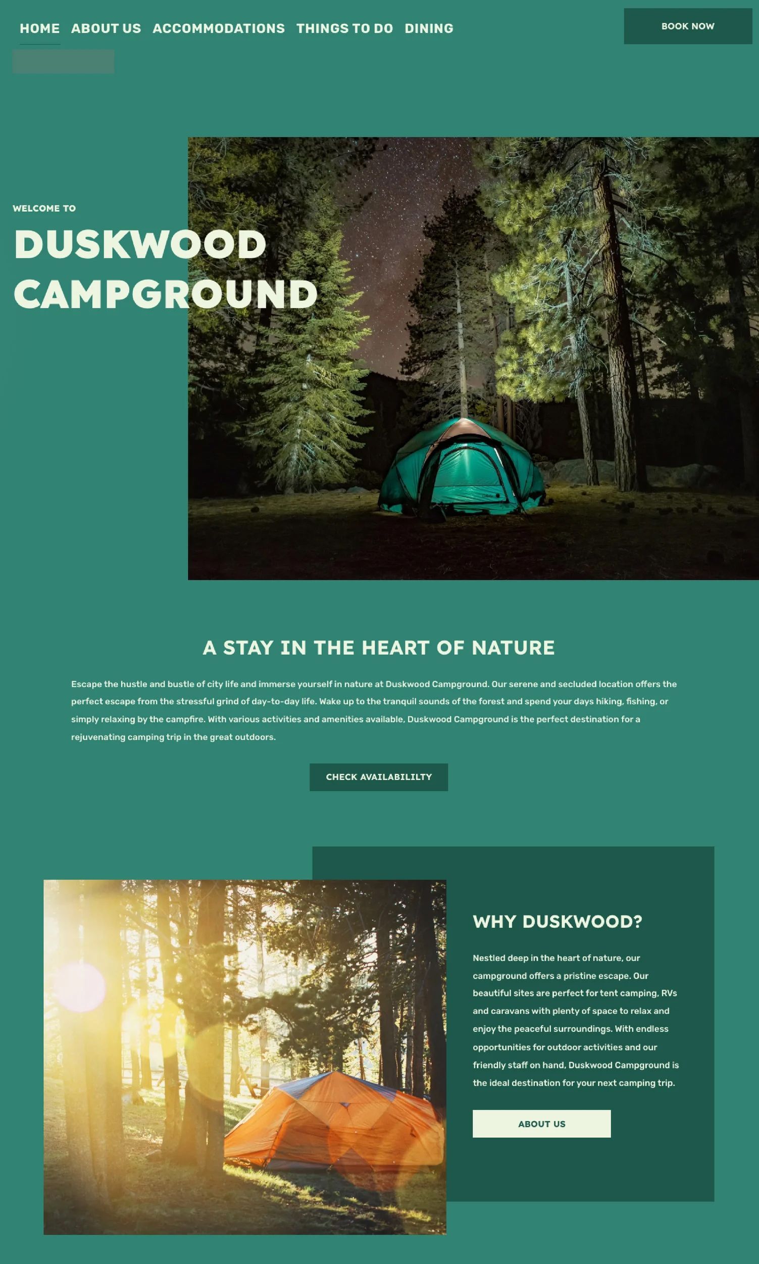 A green website depicting a campground property with a tent in a forest.