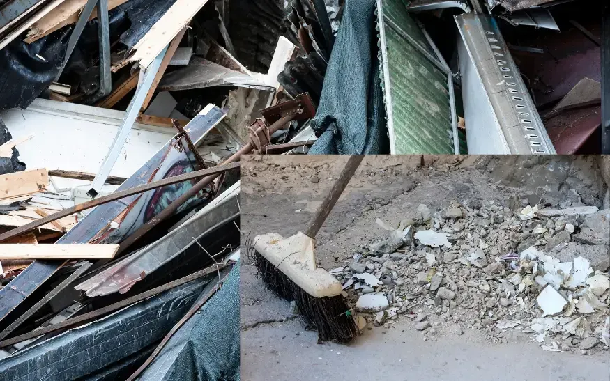 cutting tile in a bathroom, demolition debris removal