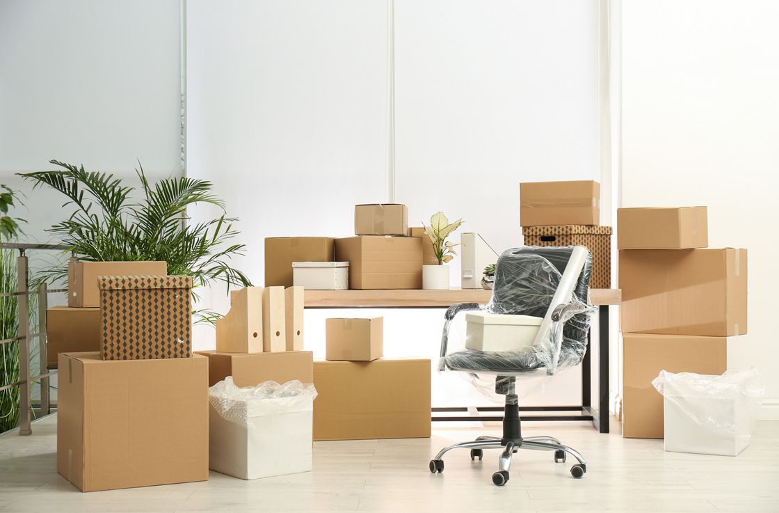 boxes in the office, office furniture and equipment removal